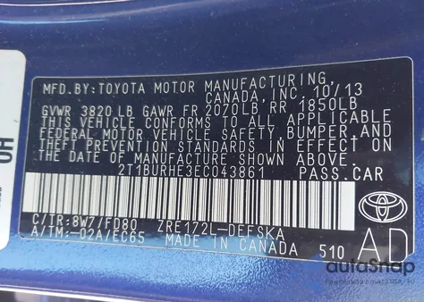 2014 Toyota Corolla S Plus z USA, uszkodzony, nr VIN 2T1BURHE3EC043861